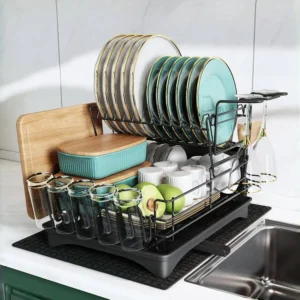 2-Tier Detachable Dish Drainer Rack Multifunctional Drainage Rack with Cup Holder and Kitchen Utensil Holder