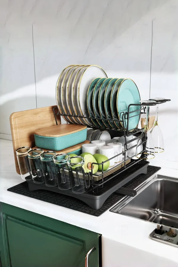 2-Tier Detachable Dish Drainer Rack Multifunctional Drainage Rack with Cup Holder and Kitchen Utensil Holder