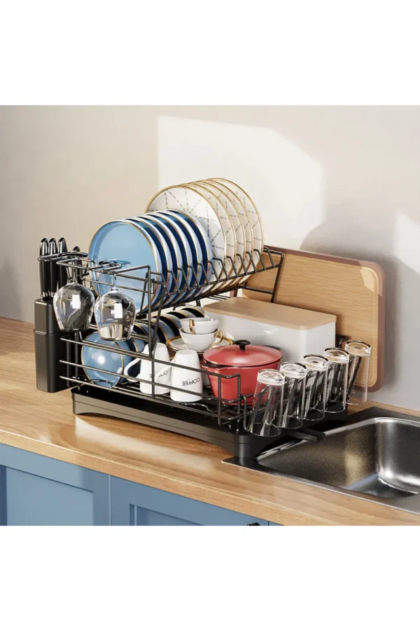 2-Tier Detachable Dish Drainer Rack Multifunctional Drainage Rack with Cup Holder and Kitchen Utensil Holder - Image 2