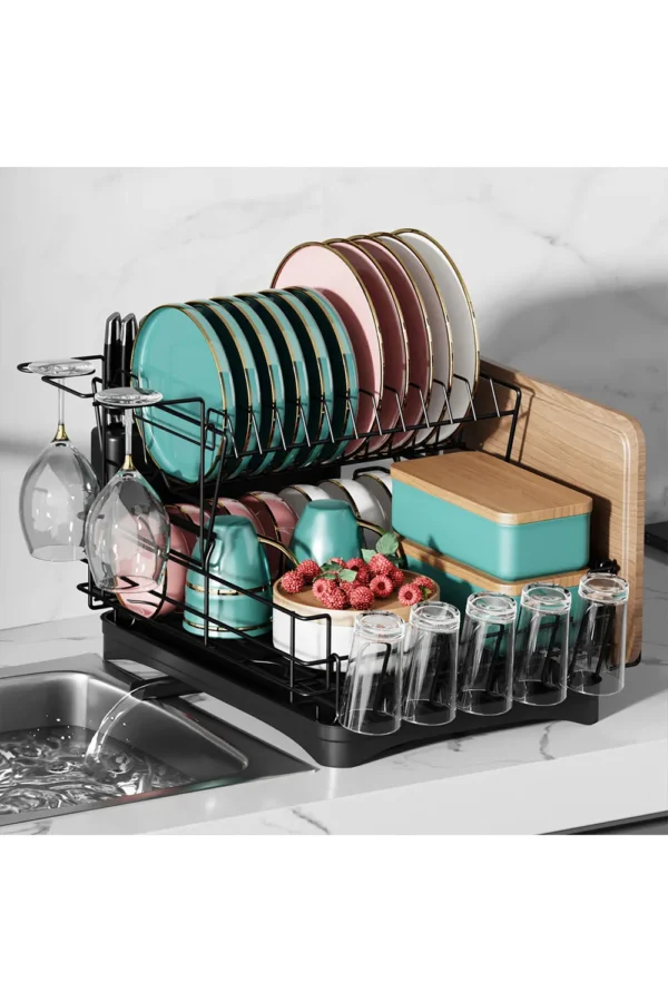 2-Tier Detachable Dish Drainer Rack Multifunctional Drainage Rack with Cup Holder and Kitchen Utensil Holder - Image 3