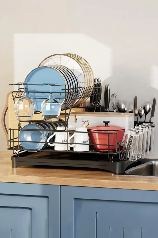 2-Tier Detachable Dish Drainer Rack Multifunctional Drainage Rack with Cup Holder and Kitchen Utensil Holder - Image 4